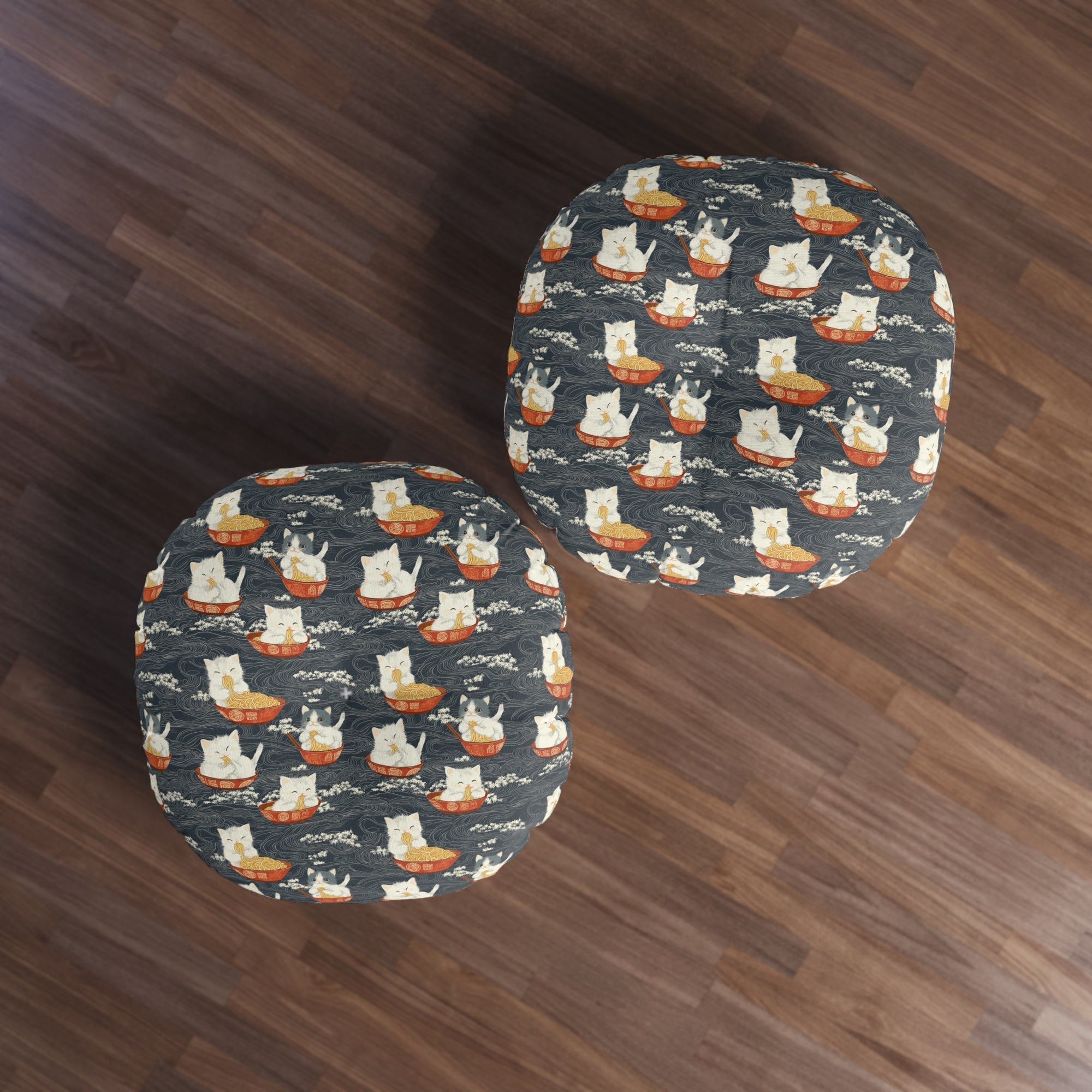 Indoor Round Floor Pillow - An adorable and cute pattern of baby cats happily eating steaming ramen noodles from traditional red and white bowls with beautiful white floral elements surrounding them.