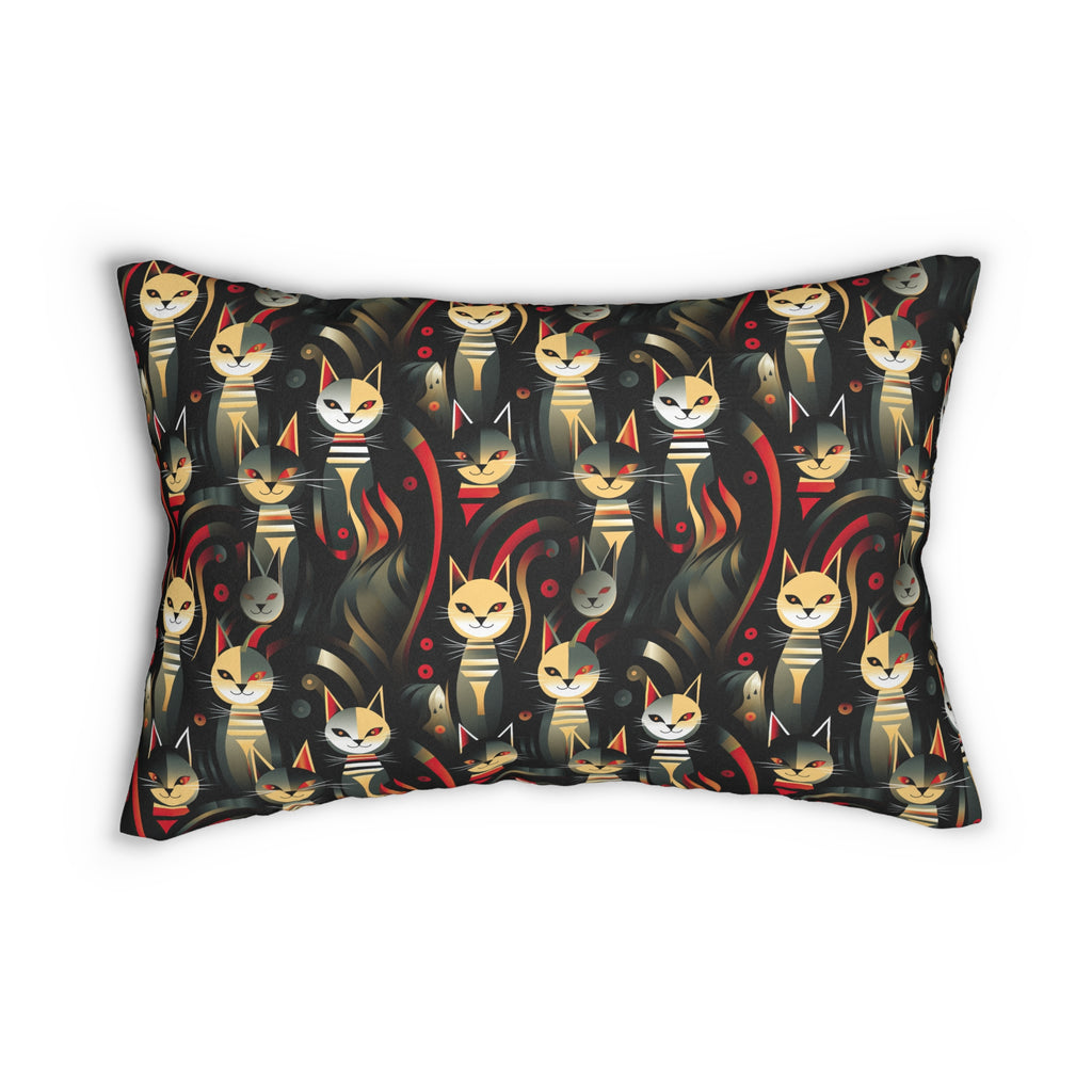 Indoor Lumbar Pillow - A bold and striking Art Deco pattern showcasing stylized feline portraits with sharp, gold lines and geometric shapes set against a dark, dramatic background.