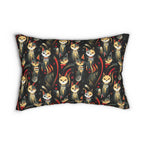 Indoor Lumbar Pillow - A bold and striking Art Deco pattern showcasing stylized feline portraits with sharp, gold lines and geometric shapes set against a dark, dramatic background.