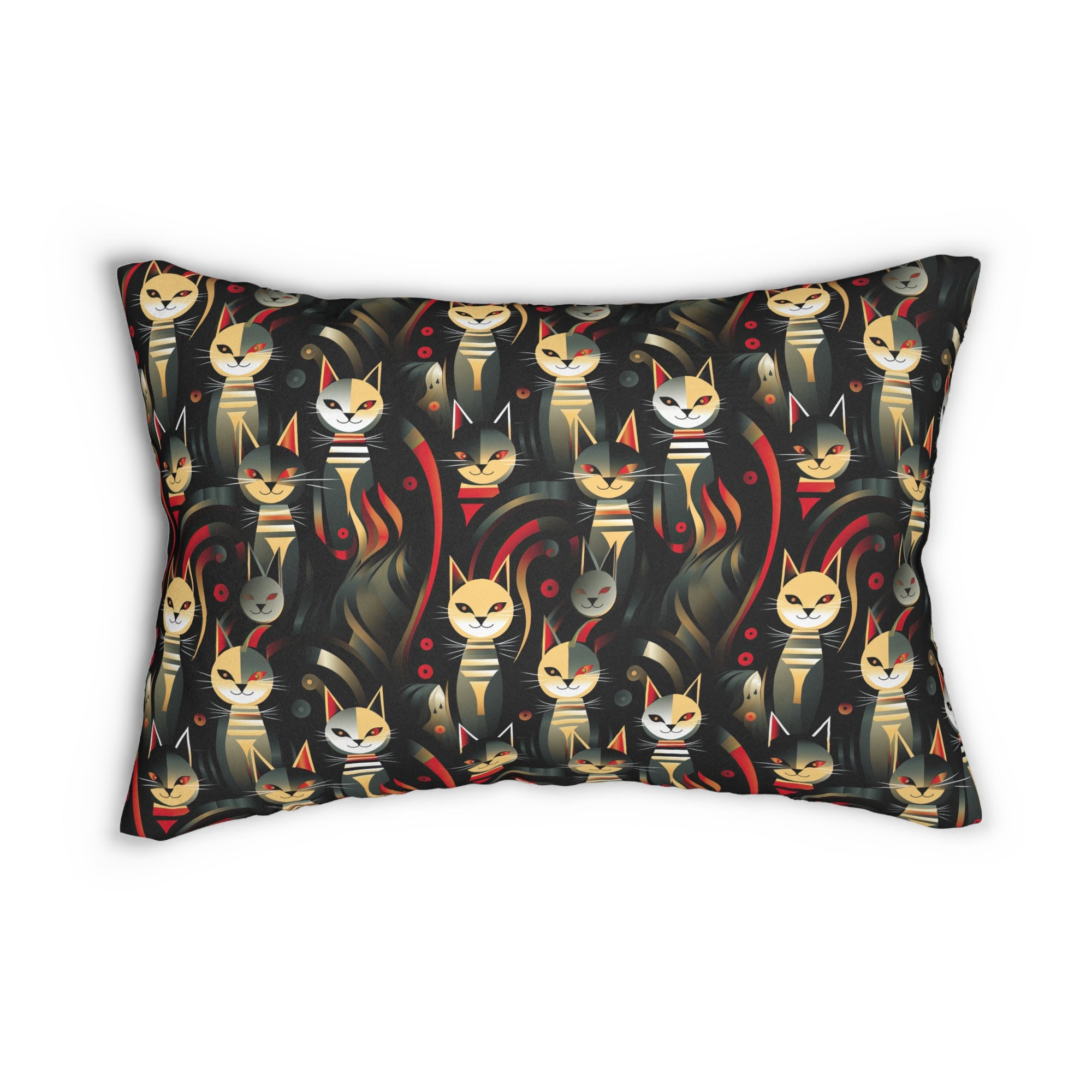 Indoor Lumbar Pillow - A bold and striking Art Deco pattern showcasing stylized feline portraits with sharp, gold lines and geometric shapes set against a dark, dramatic background.
