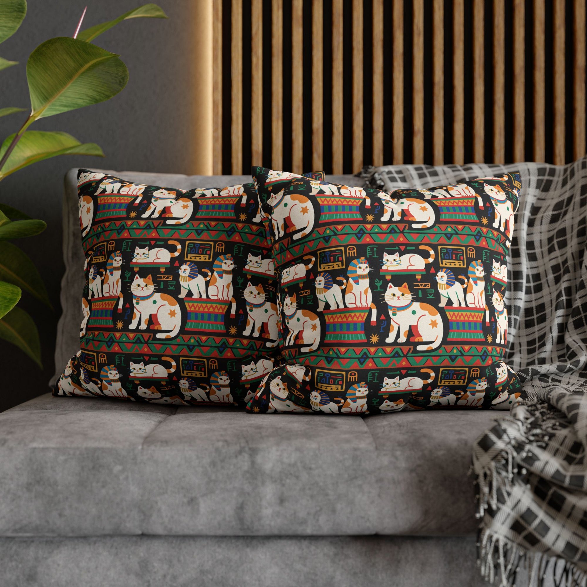 Square Pillowcase - Ancient Egyptian Felines with Hieroglyphs and Colorful Borders Adorn this Playful and Culturally Rich Cat Pattern