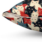 Indoor Square Pillow - A bold and graphic pop art style illustration featuring a tight-knit cluster of various fluffy felines in black, white, red, and blue.