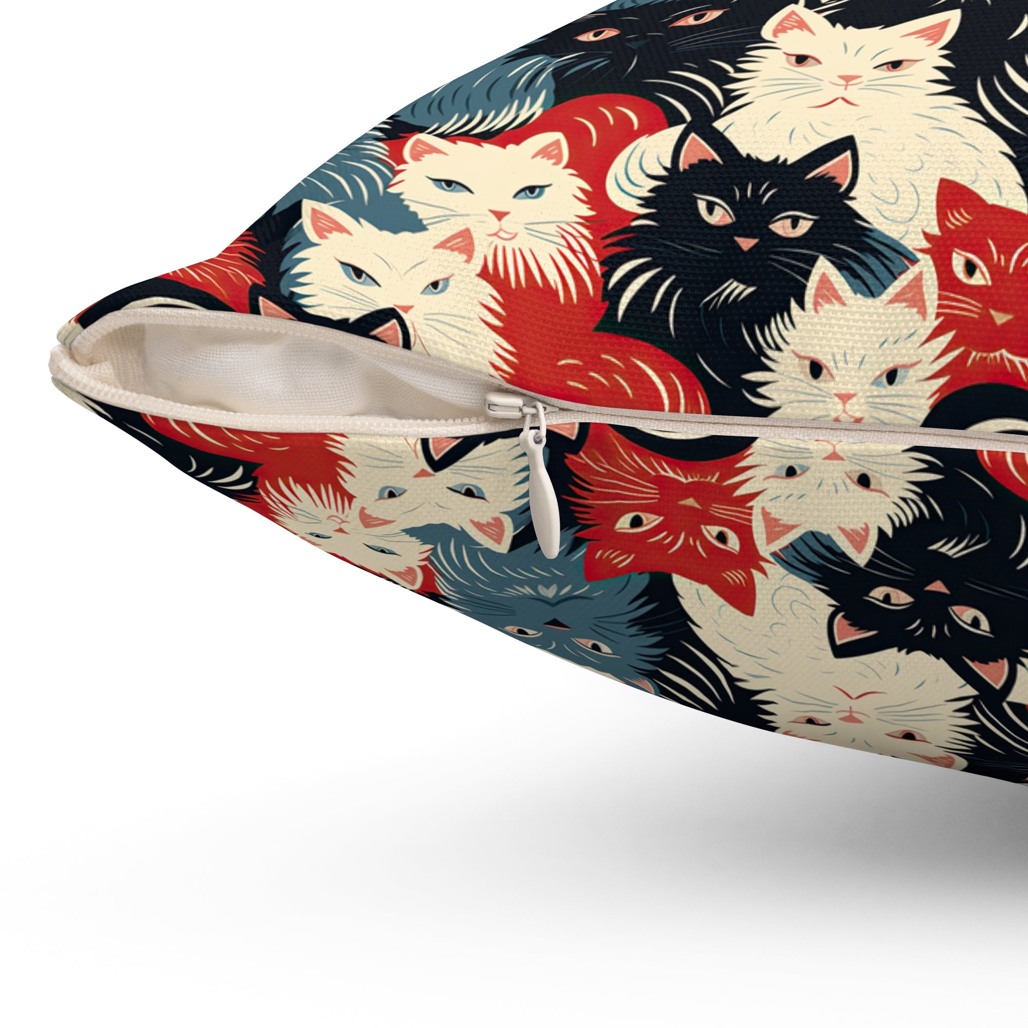Indoor Square Pillow - A bold and graphic pop art style illustration featuring a tight-knit cluster of various fluffy felines in black, white, red, and blue.