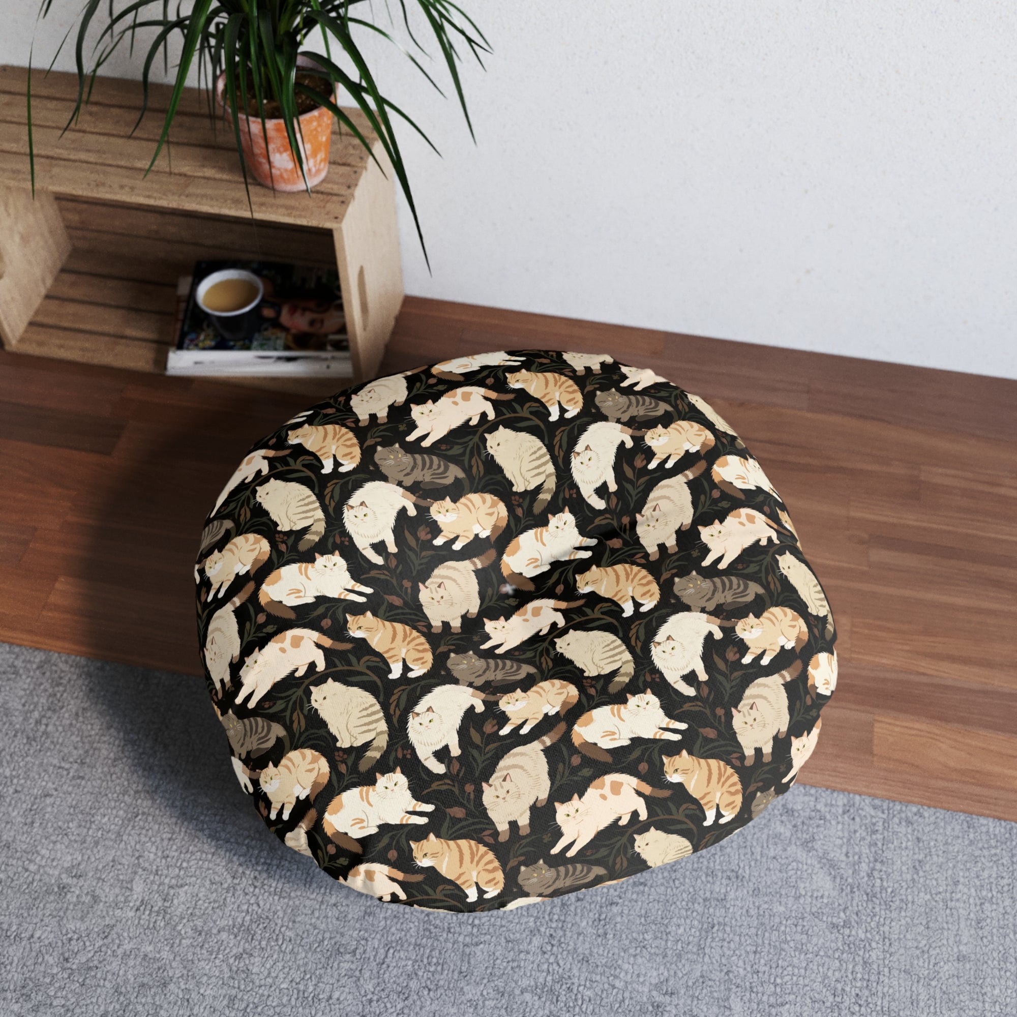 Indoor Round Floor Pillow - Earthy Toned Cats Lounge and Play Amidst Dark Foliage in a Serene and Naturally Inspired Seamless Pattern Design