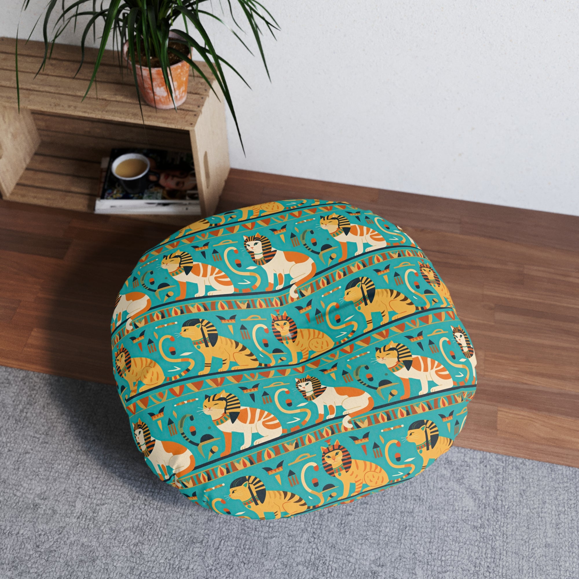 Indoor Round Floor Pillow - Horizontal Stripes of Golden Egyptian Cats and Intricate Hieroglyphs Form a Repeating and Historically Themed Border Pattern