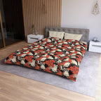 Duvet Cover - A striking black-and-white illustration with red accents of charming cats perched on the branches of trees in a beautiful Japanese woodblock print style.