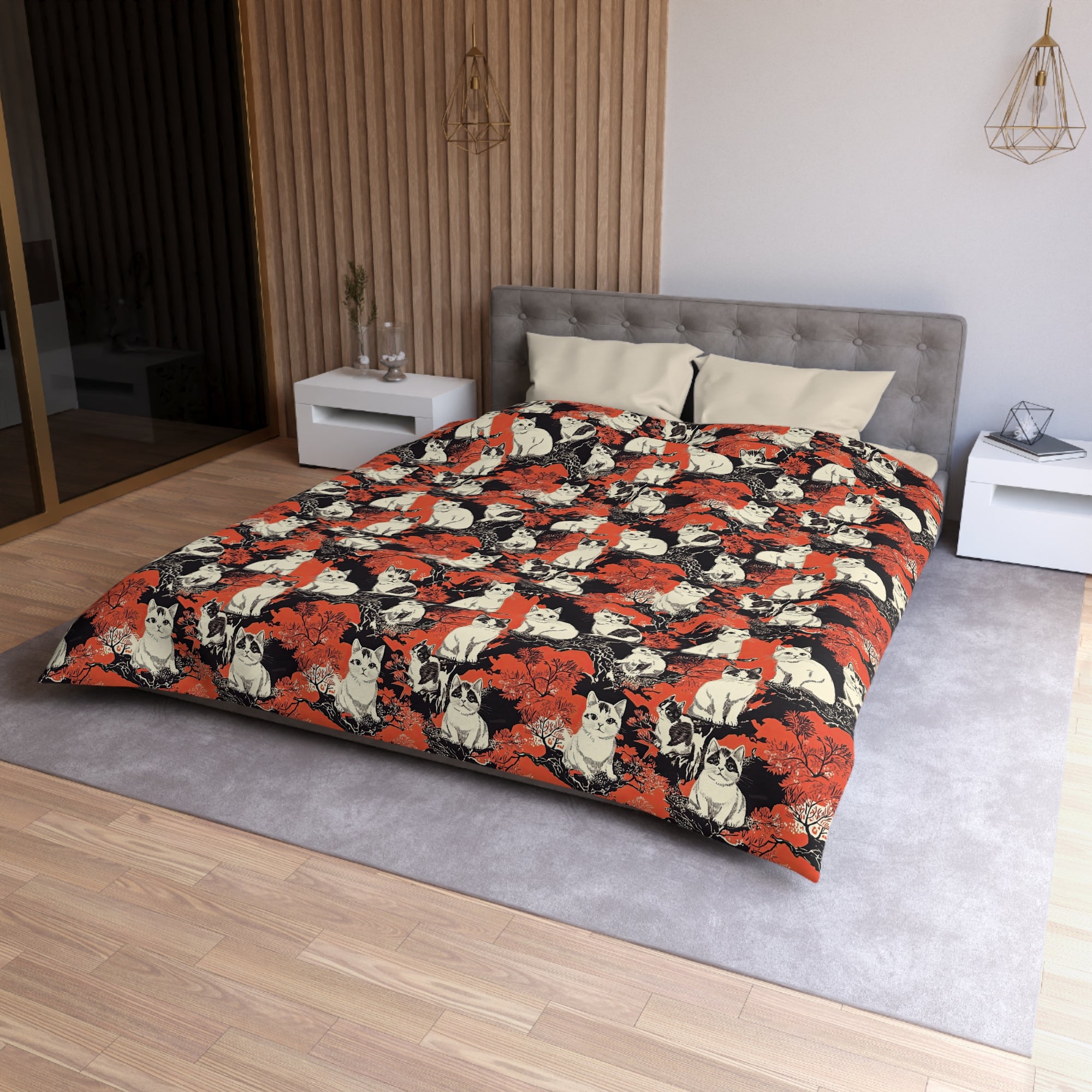 Duvet Cover - A striking black-and-white illustration with red accents of charming cats perched on the branches of trees in a beautiful Japanese woodblock print style.