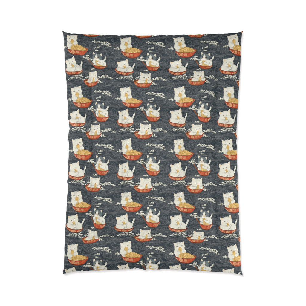Comforter - An adorable and cute pattern of baby cats happily eating steaming ramen noodles from traditional red and white bowls with beautiful white floral elements surrounding them.