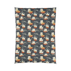 Comforter - An adorable and cute pattern of baby cats happily eating steaming ramen noodles from traditional red and white bowls with beautiful white floral elements surrounding them.