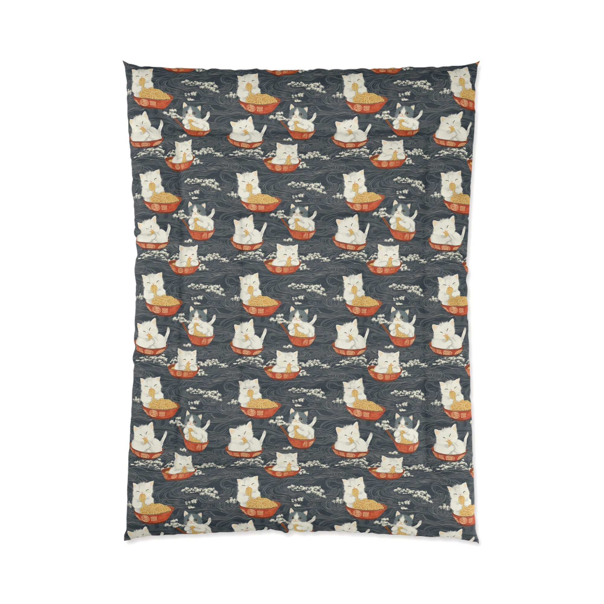 Comforter - An adorable and cute pattern of baby cats happily eating steaming ramen noodles from traditional red and white bowls with beautiful white floral elements surrounding them.
