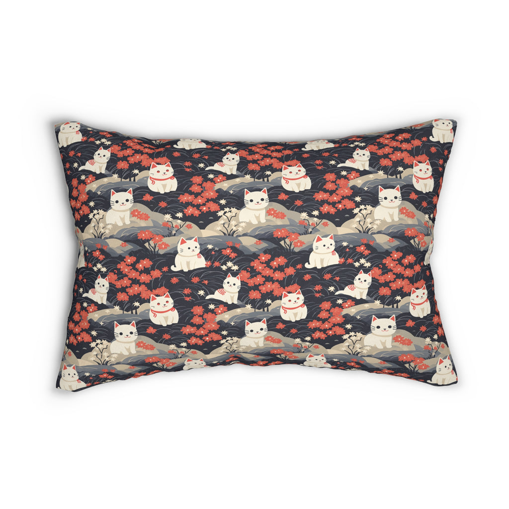 Indoor Lumbar Pillow - A charming, minimalist, Japanese-style illustration of cute white cats sitting amongst vibrant red and white flowers on a dark background.