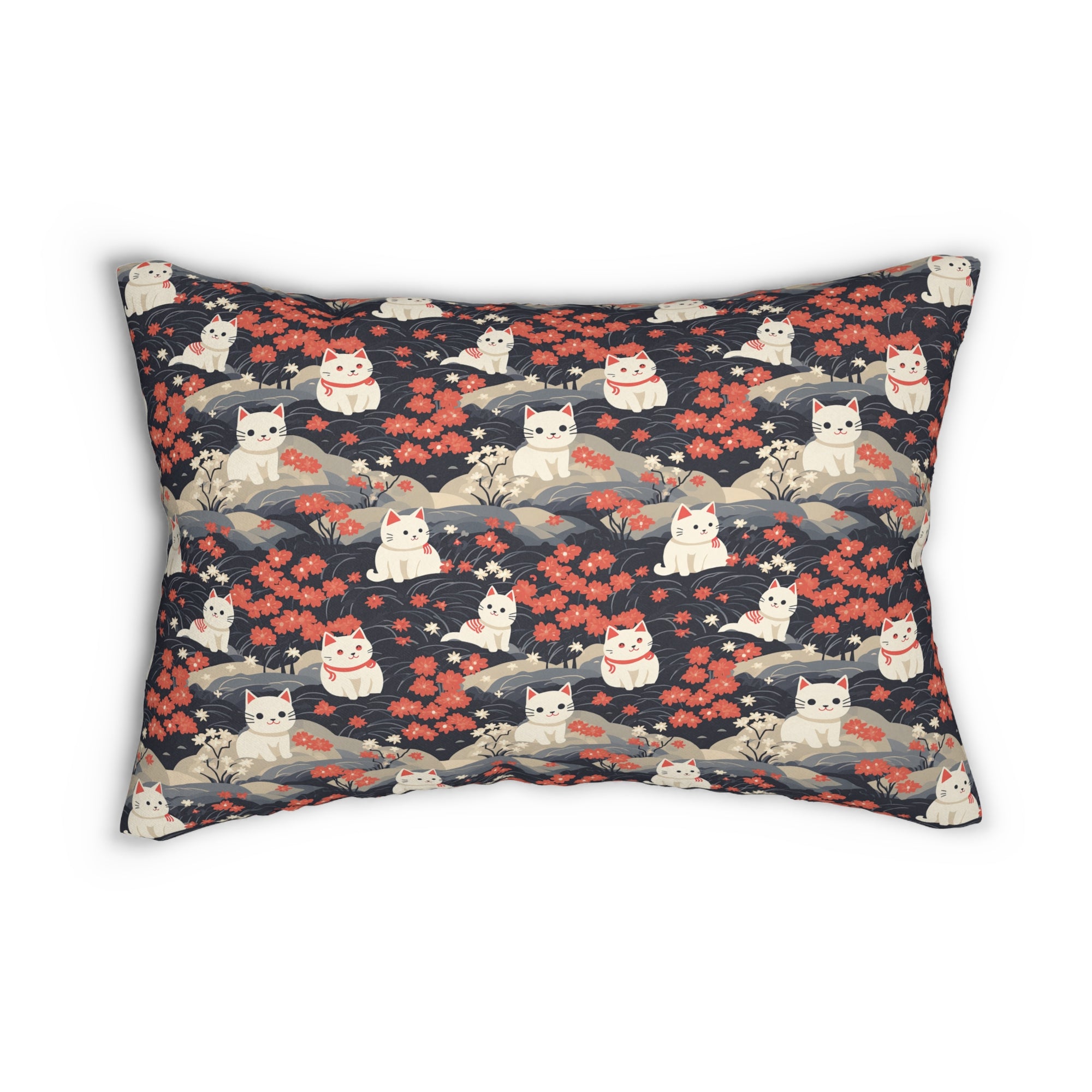 Indoor Lumbar Pillow - A charming, minimalist, Japanese-style illustration of cute white cats sitting amongst vibrant red and white flowers on a dark background.