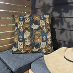Outdoor Pillow - Blue Eyed Cats with Brown and White Fur on a Deep Blue Damask Background