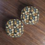 Indoor Round Floor Pillow - Blue Eyed Cats with Brown and White Fur on a Deep Blue Damask Background