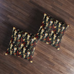 Indoor Square Floor Pillow - A bold and striking Art Deco pattern showcasing stylized feline portraits with sharp, gold lines and geometric shapes set against a dark, dramatic background.