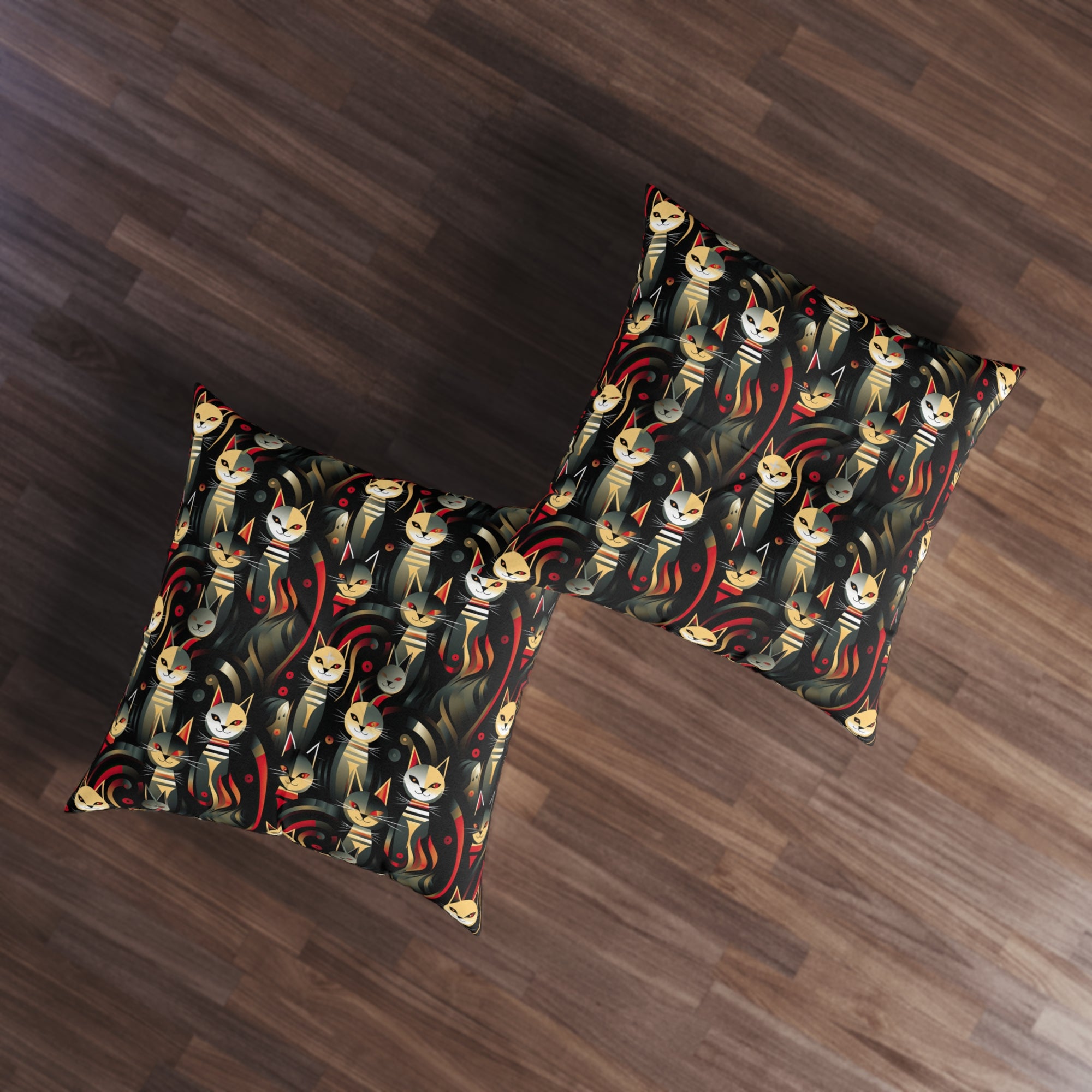 Indoor Square Floor Pillow - A bold and striking Art Deco pattern showcasing stylized feline portraits with sharp, gold lines and geometric shapes set against a dark, dramatic background.