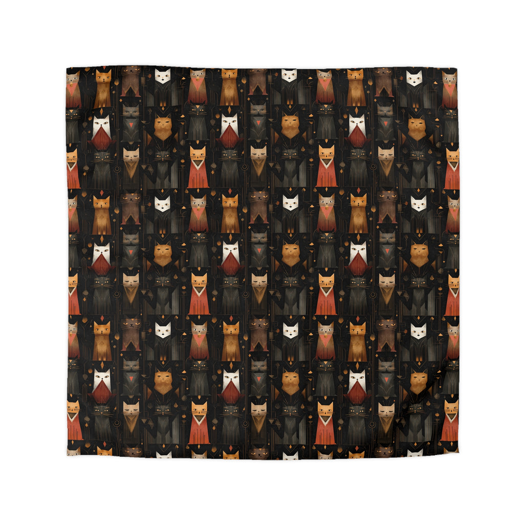 Duvet Cover - A striking and sophisticated Art Deco-style pattern of felines with bold, intricate lines and dramatic geometric shapes, all rendered in a unique gold and gray color palette.