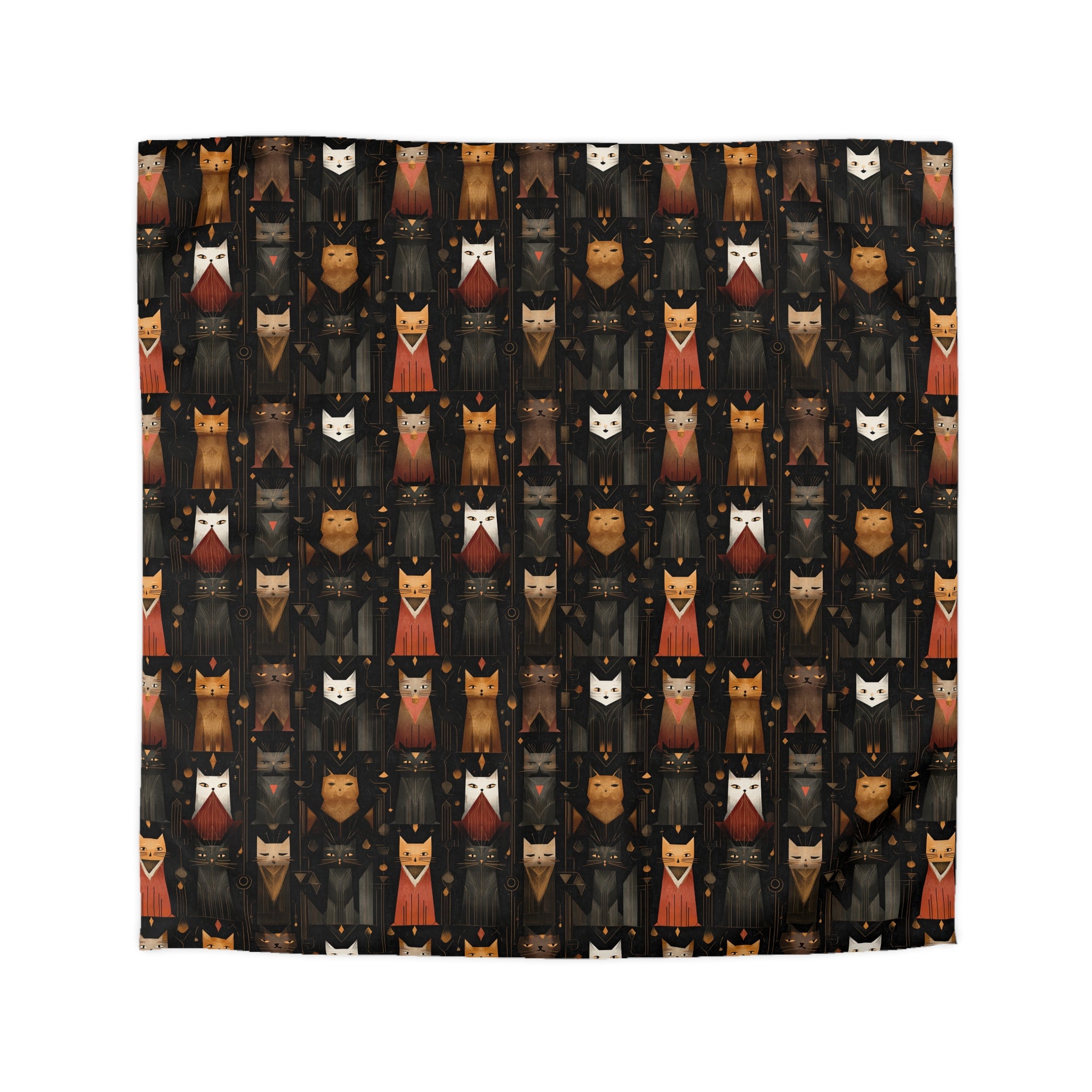 Duvet Cover - A striking and sophisticated Art Deco-style pattern of felines with bold, intricate lines and dramatic geometric shapes, all rendered in a unique gold and gray color palette.