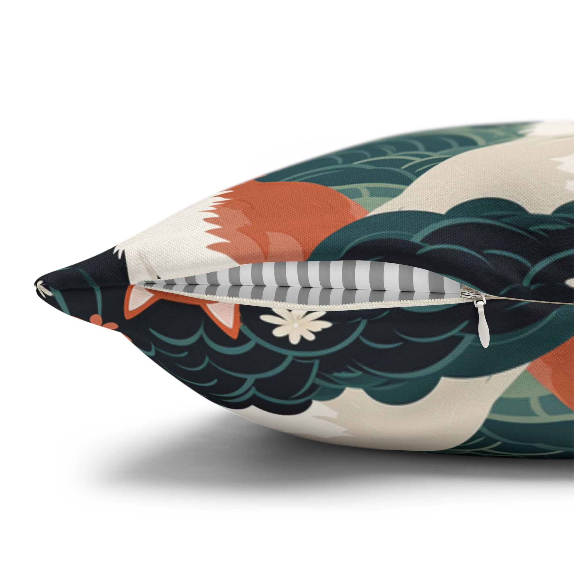 Square Pillowcase - A whimsical, fluffy, watercolor depiction of various cats of different colors peeking out from a dense dark blue and green bush with white flowers.