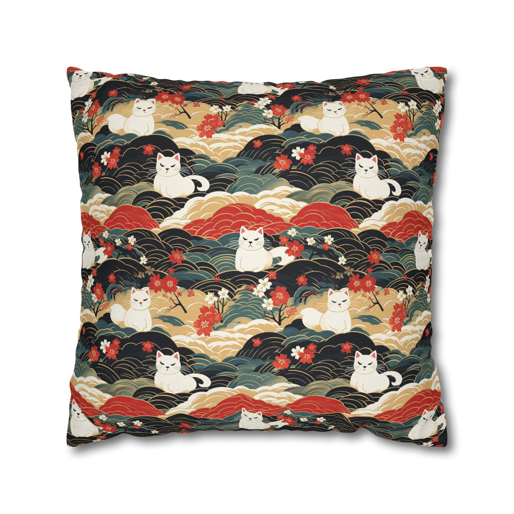 Square Pillowcase - A beautiful, Japanese-inspired illustration of tranquil white cats resting on rolling clouds with vibrant red and white cherry blossoms.