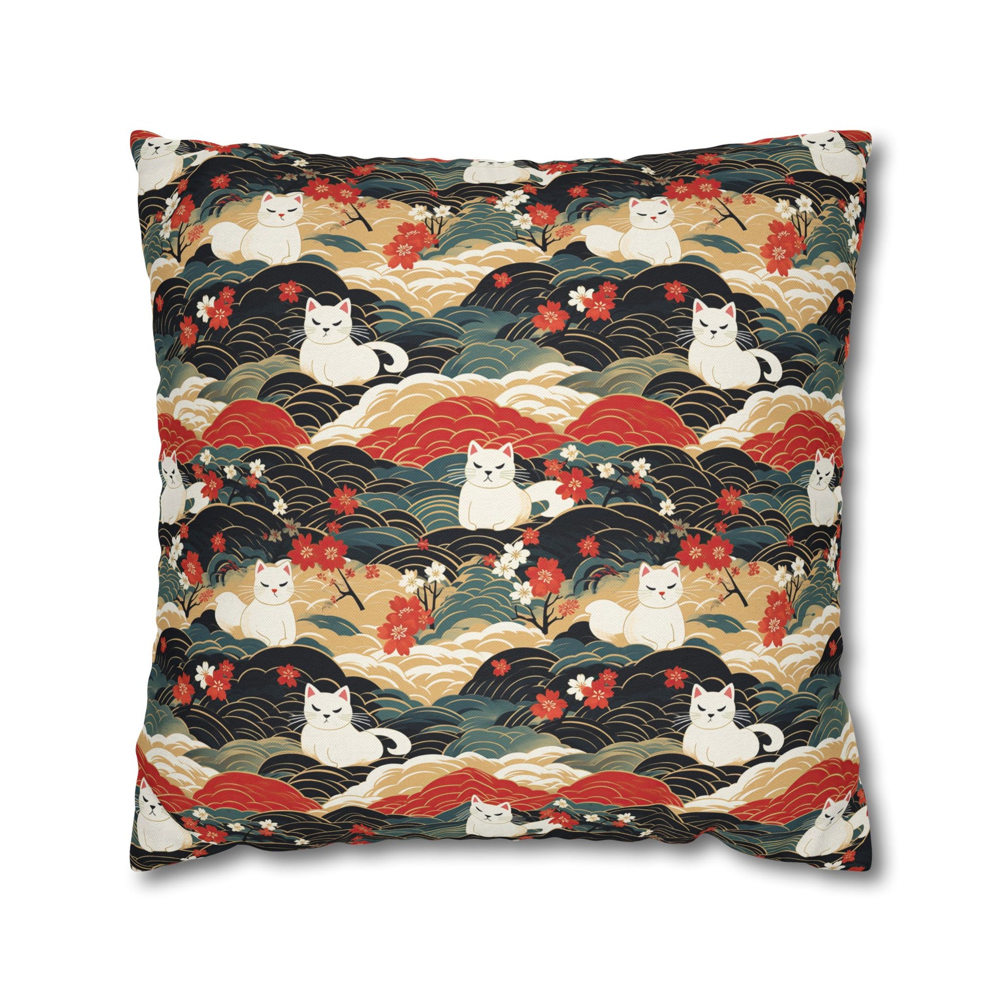 Square Pillowcase - A beautiful, Japanese-inspired illustration of tranquil white cats resting on rolling clouds with vibrant red and white cherry blossoms.