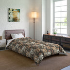 Comforter - Peach and White Kittens in Dark Floral Garden, Vintage Style, Sweet and Charming Scene