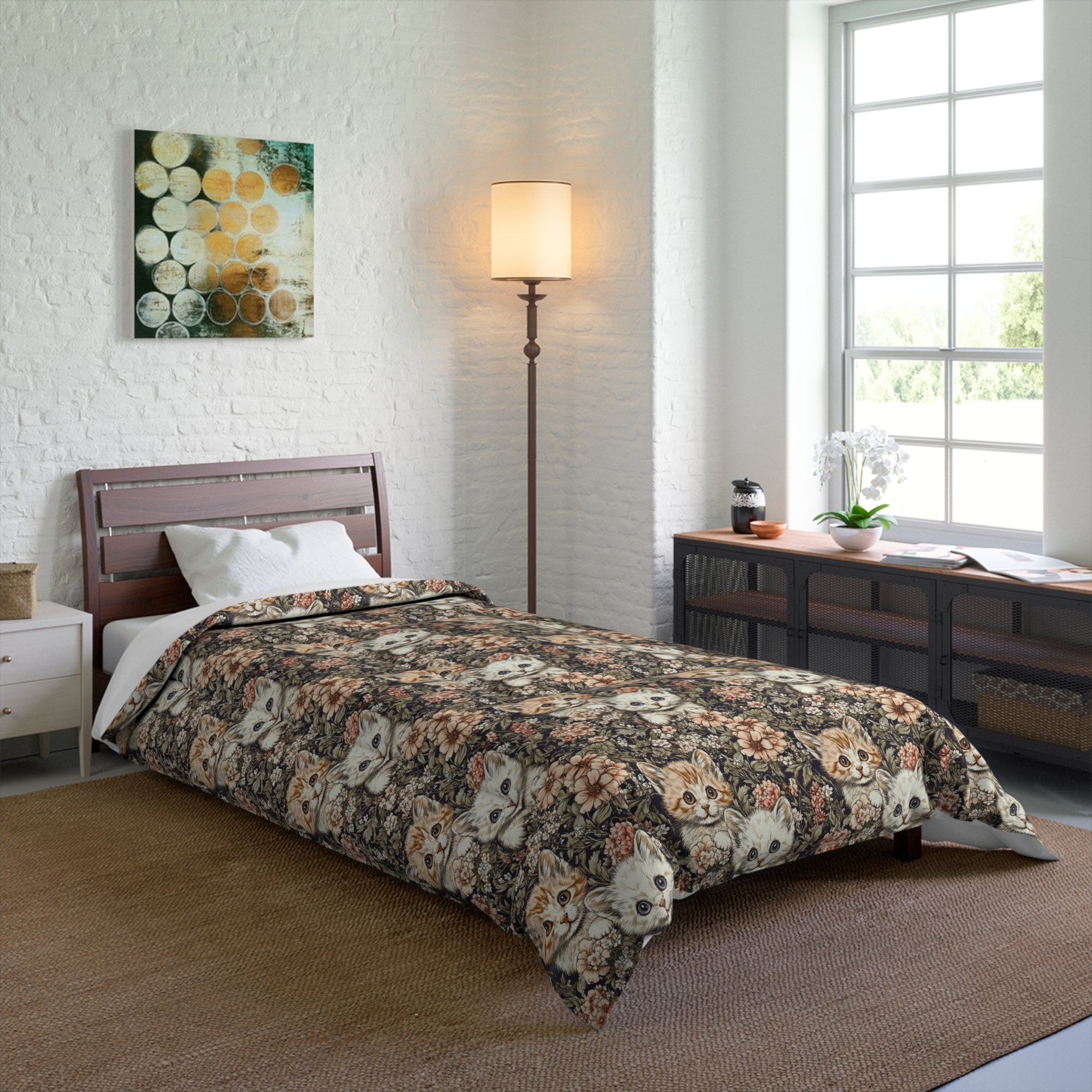 Comforter - Peach and White Kittens in Dark Floral Garden, Vintage Style, Sweet and Charming Scene