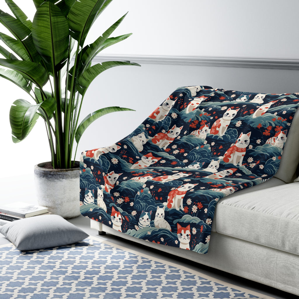 Sherpa Blanket - A serene and sweet Japanese landscape pattern featuring multicolored cats relaxing within a tranquil field of red and white flowers and gentle blue hills.
