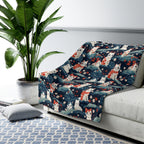 Sherpa Blanket - A serene and sweet Japanese landscape pattern featuring multicolored cats relaxing within a tranquil field of red and white flowers and gentle blue hills.