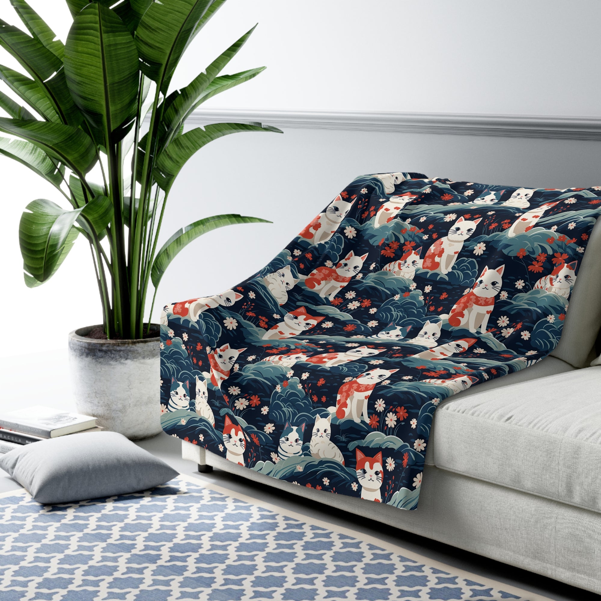 Sherpa Blanket - A serene and sweet Japanese landscape pattern featuring multicolored cats relaxing within a tranquil field of red and white flowers and gentle blue hills.