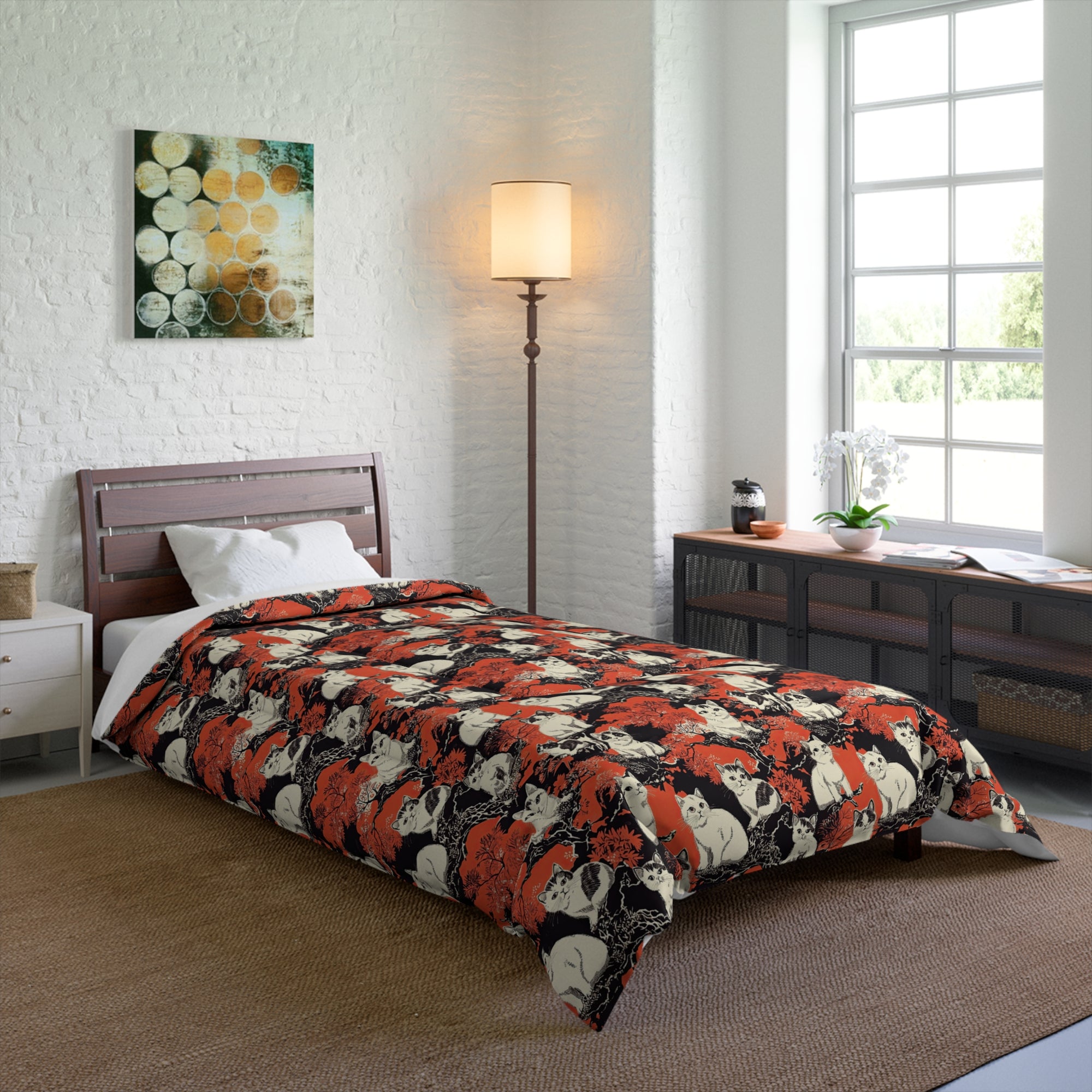 Comforter - A striking black-and-white illustration with red accents of charming cats perched on the branches of trees in a beautiful Japanese woodblock print style.