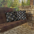 Outdoor Pillow - Grey and White Kittens Playing with Golden Yarn on a Black Background with Paw Prints