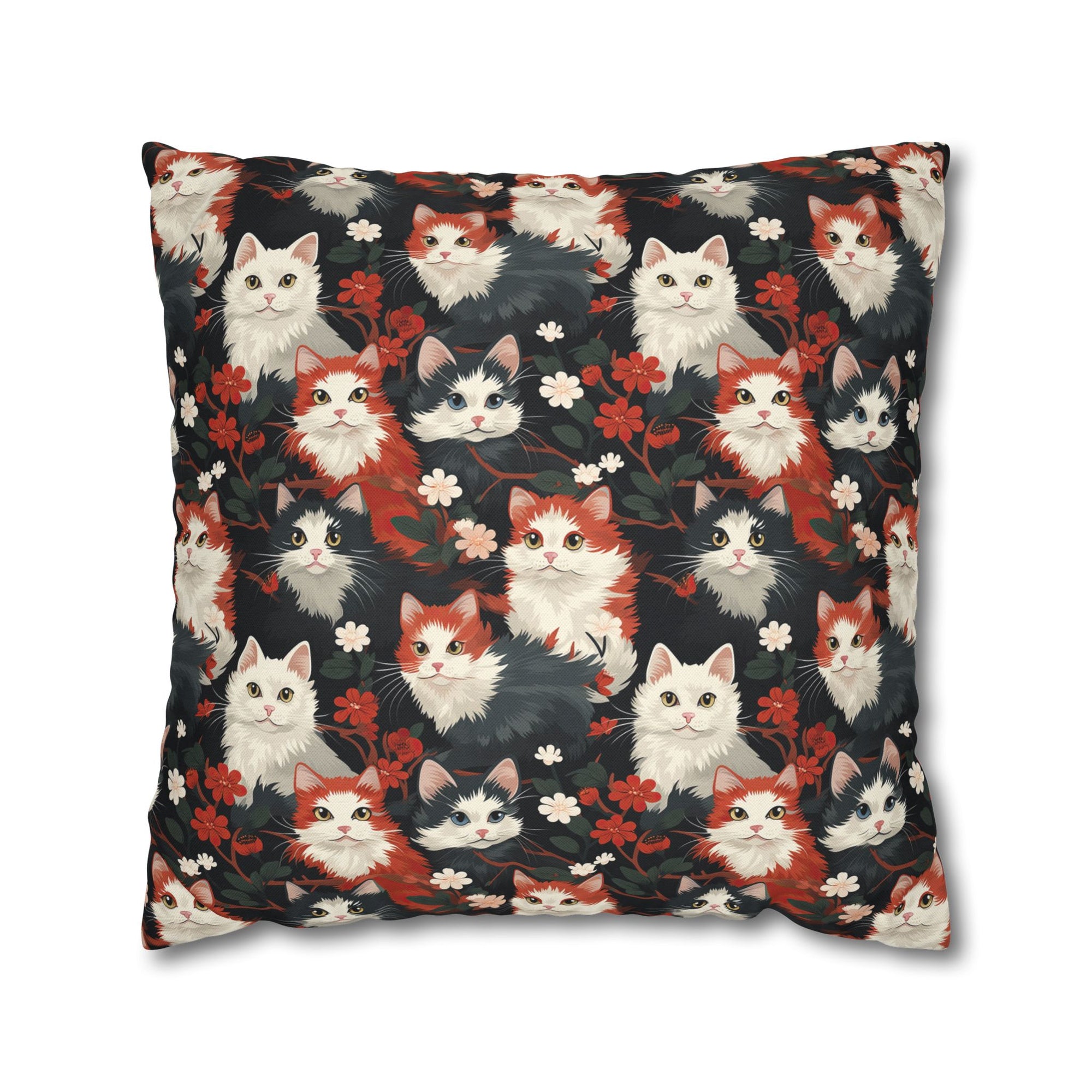 Square Pillowcase - A detailed and ornate Victorian-style pattern featuring a tight grouping of fluffy cats of various colors surrounded by black and red flowers and leaves.