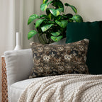 Indoor Lumbar Pillow - An intricate and detailed vintage illustration featuring a close-up of various fluffy cats with bright eyes amidst lush, ornate floral foliage in sepia tones.