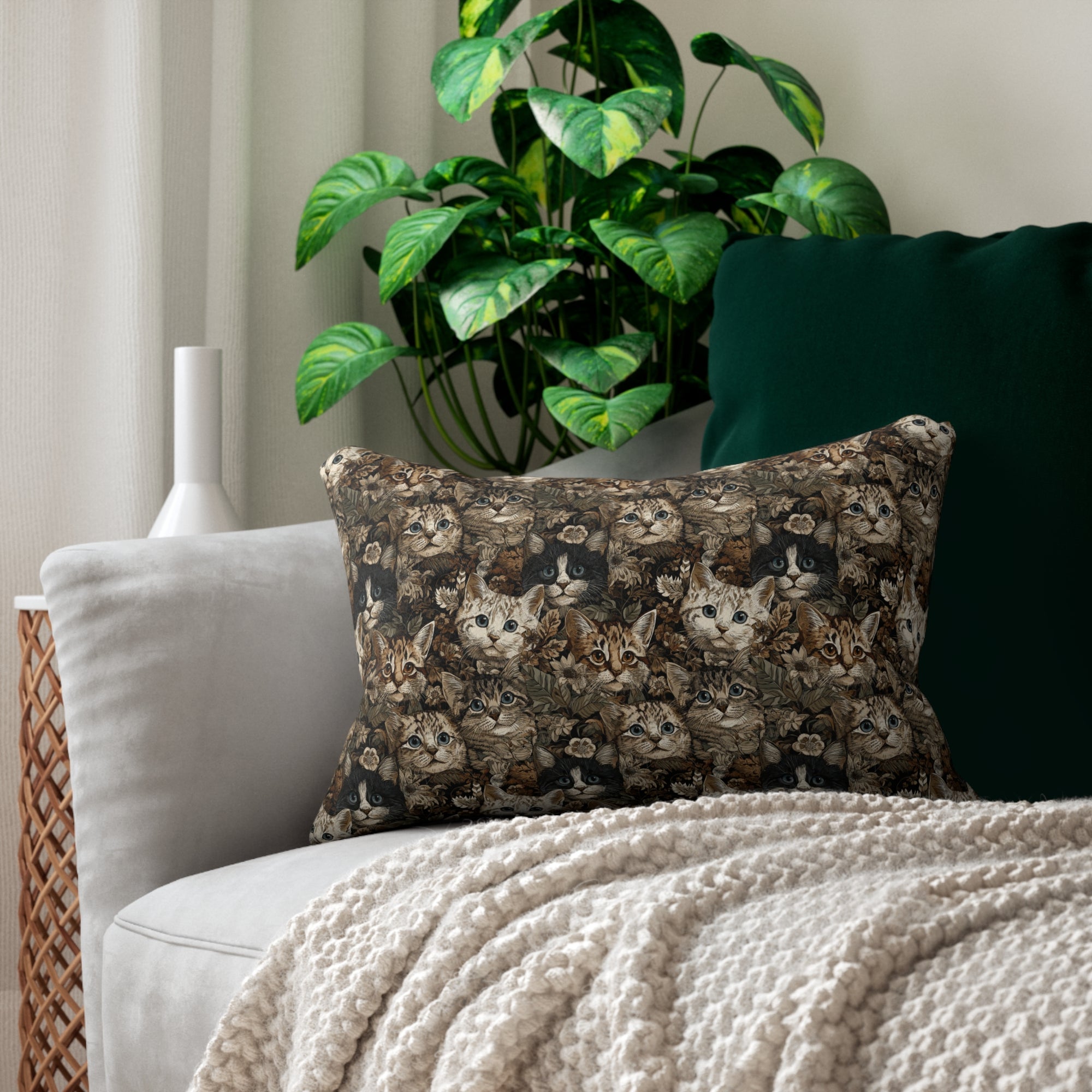 Indoor Lumbar Pillow - An intricate and detailed vintage illustration featuring a close-up of various fluffy cats with bright eyes amidst lush, ornate floral foliage in sepia tones.