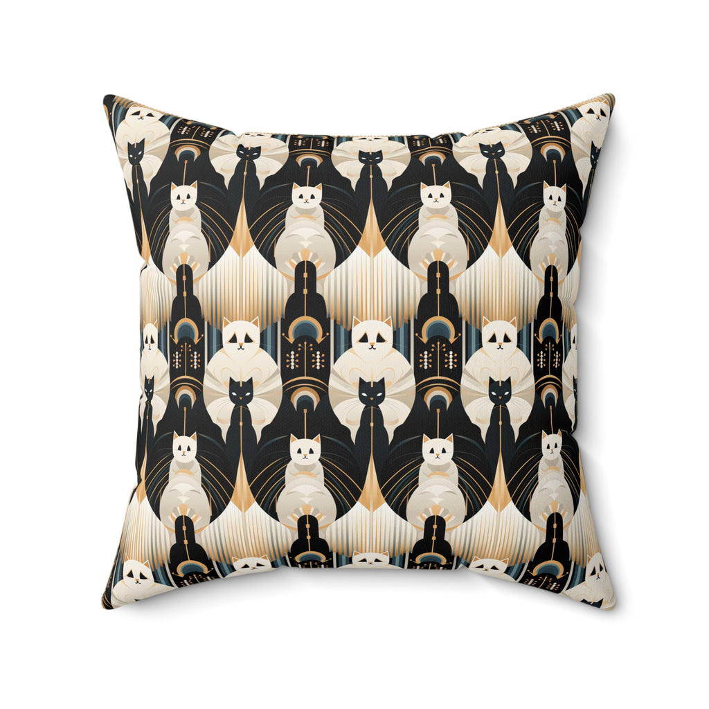Indoor Square Pillow - An elegant and artistic Art Deco-style pattern featuring streamlined white cats with a striking geometric backdrop of golden and black lines and shapes.