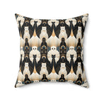 Indoor Square Pillow - An elegant and artistic Art Deco-style pattern featuring streamlined white cats with a striking geometric backdrop of golden and black lines and shapes.