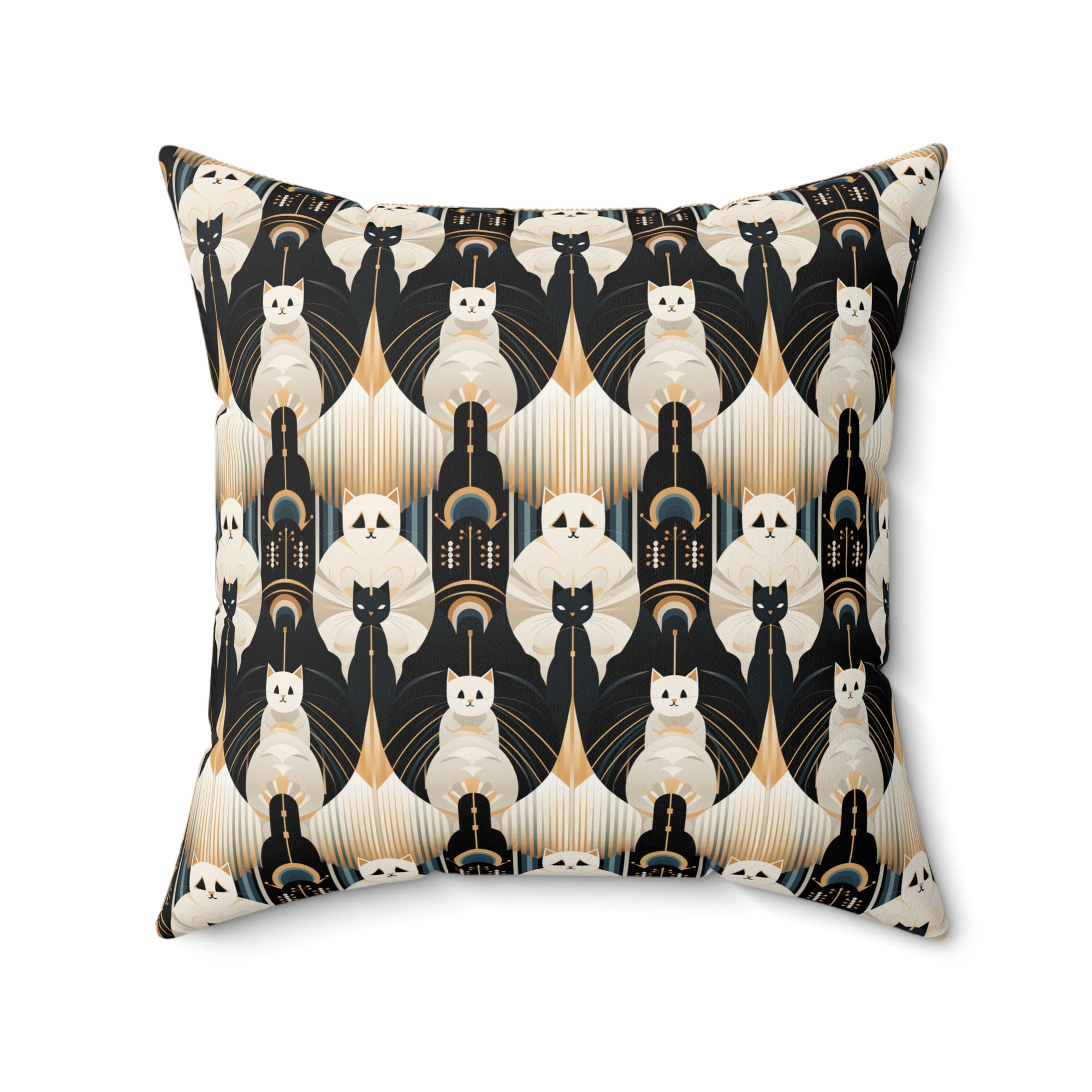 Indoor Square Pillow - An elegant and artistic Art Deco-style pattern featuring streamlined white cats with a striking geometric backdrop of golden and black lines and shapes.