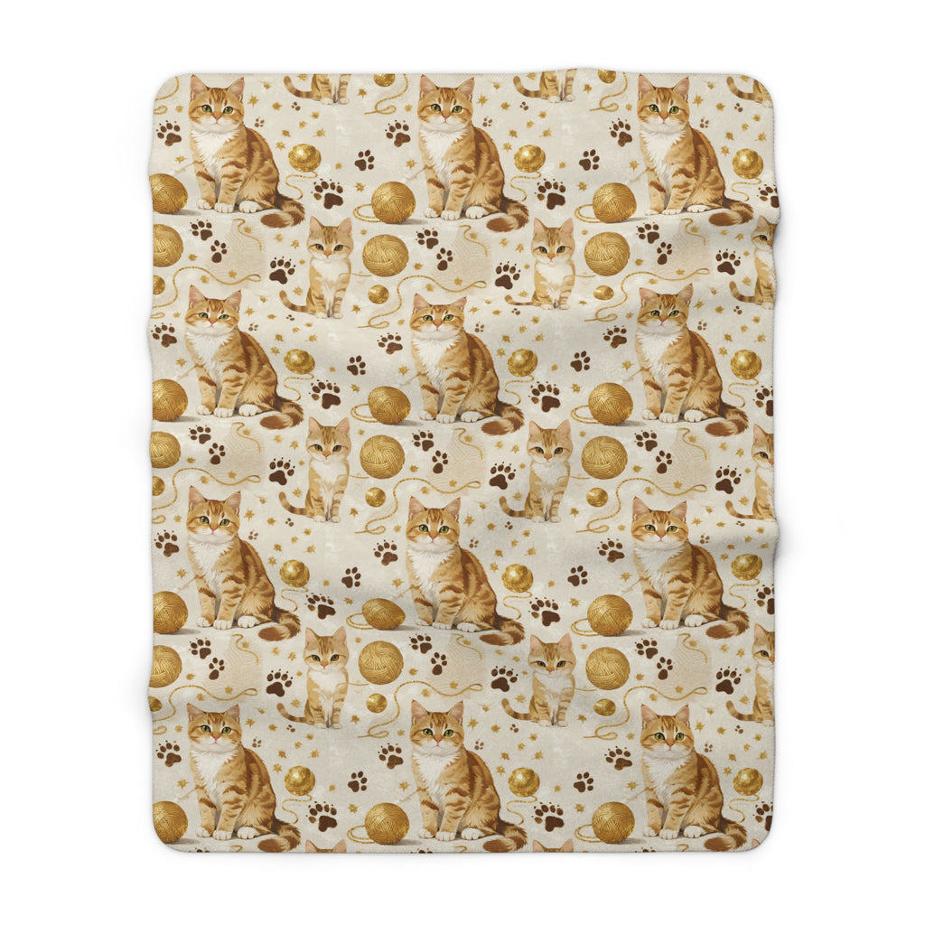 Sherpa Blanket - Adorable ginger cat with bright green eyes, sparkling gold yarn and paw prints, classic tabby cat illustration, cream background, cute and charming pet themed art
