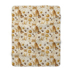 Sherpa Blanket - Adorable ginger cat with bright green eyes, sparkling gold yarn and paw prints, classic tabby cat illustration, cream background, cute and charming pet themed art