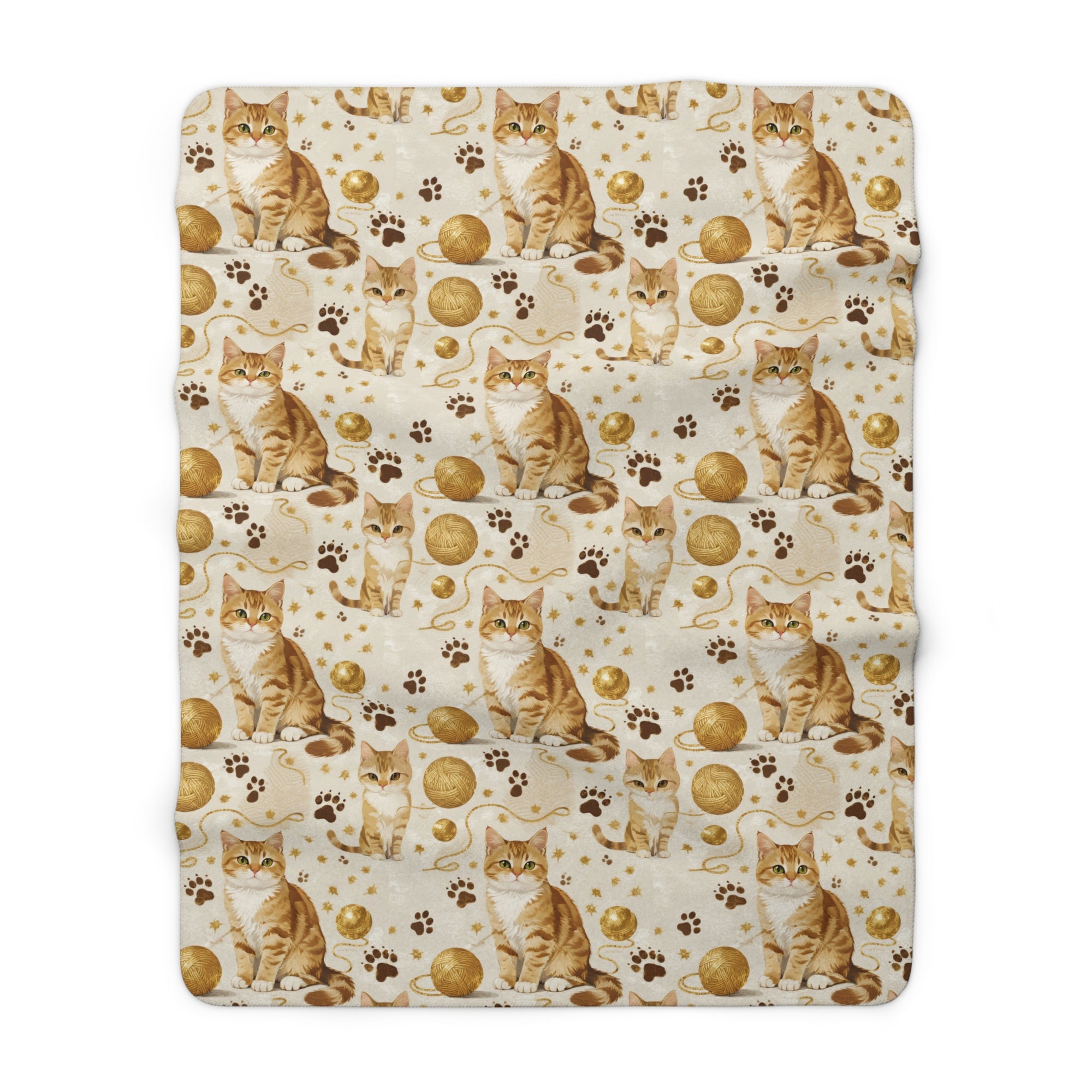 Sherpa Blanket - Adorable ginger cat with bright green eyes, sparkling gold yarn and paw prints, classic tabby cat illustration, cream background, cute and charming pet themed art