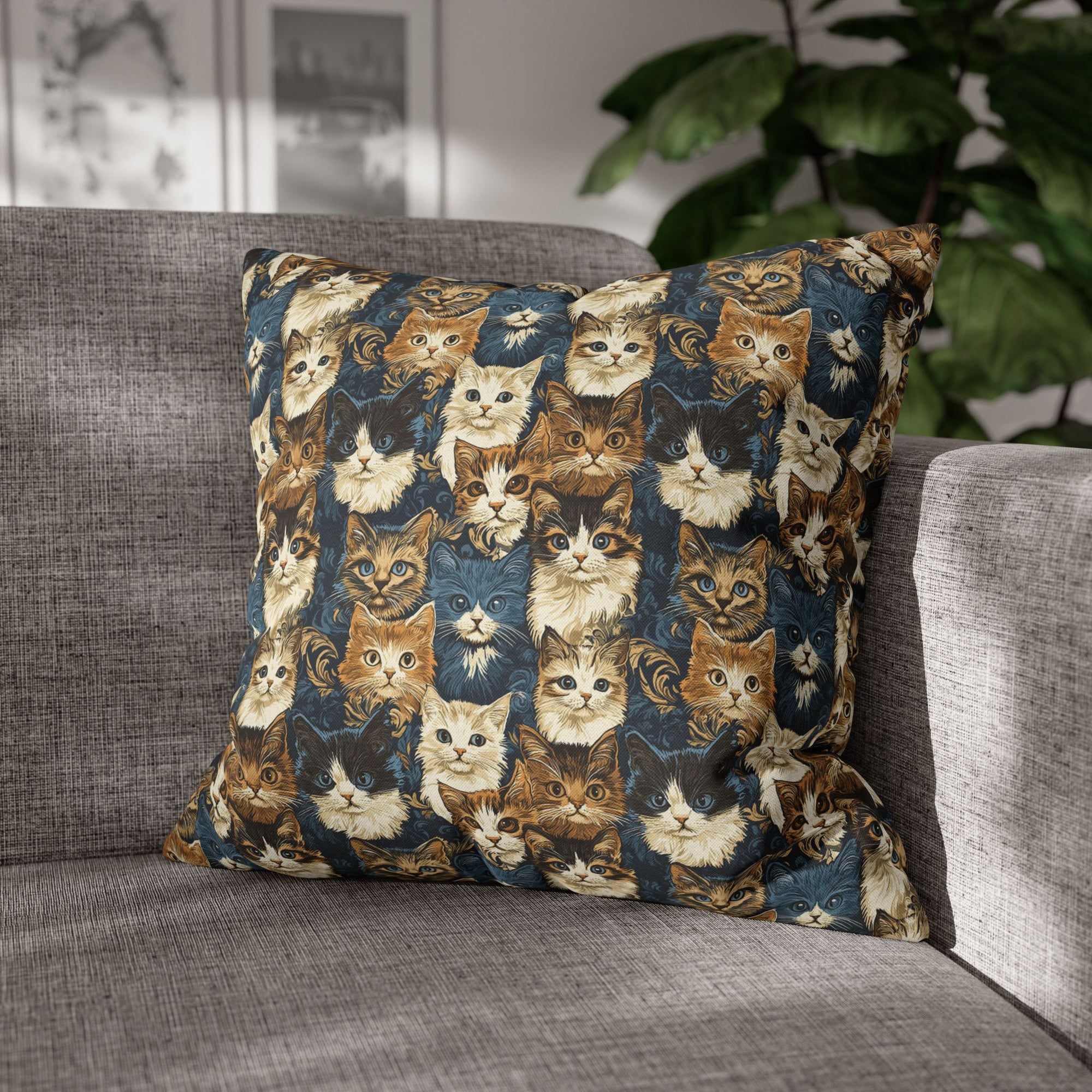 Square Pillowcase - Blue Eyed Cats with Brown and White Fur on a Deep Blue Damask Background