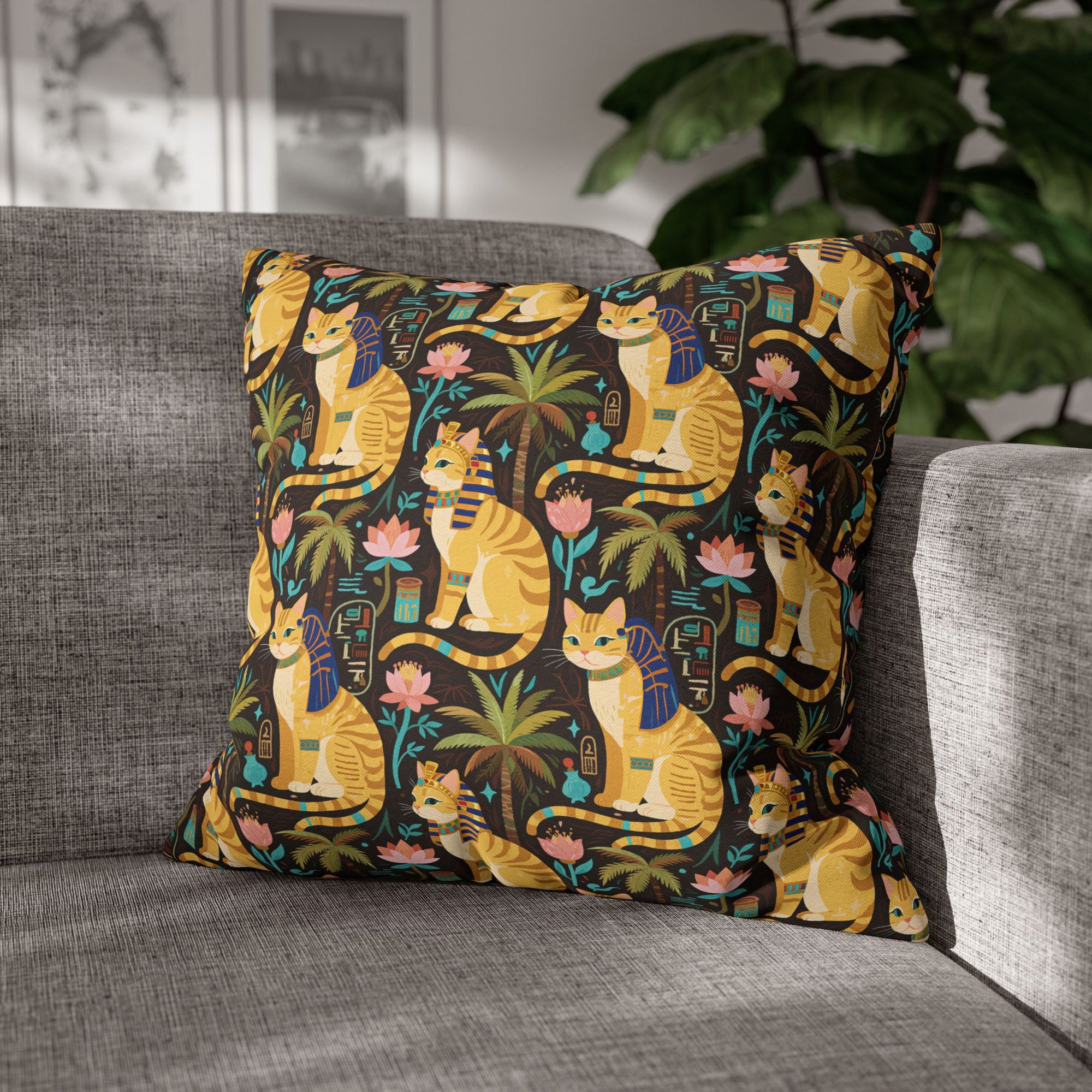 Square Pillowcase - Golden Egyptian Cats with Pharaonic Headpieces Amidst Lush Palms and Lotus Flowers in an Exotic and Vibrant Scene