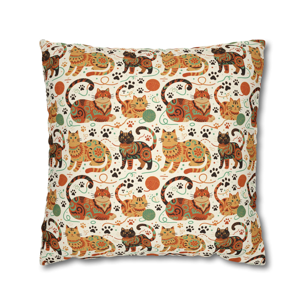 Square Pillowcase - Colorful folk art patterned cats, vibrant orange and teal hues, playful felines with yarn and paw prints, bohemian animal illustration, cream background, artistic and cheerful design