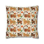 Square Pillowcase - Colorful folk art patterned cats, vibrant orange and teal hues, playful felines with yarn and paw prints, bohemian animal illustration, cream background, artistic and cheerful design