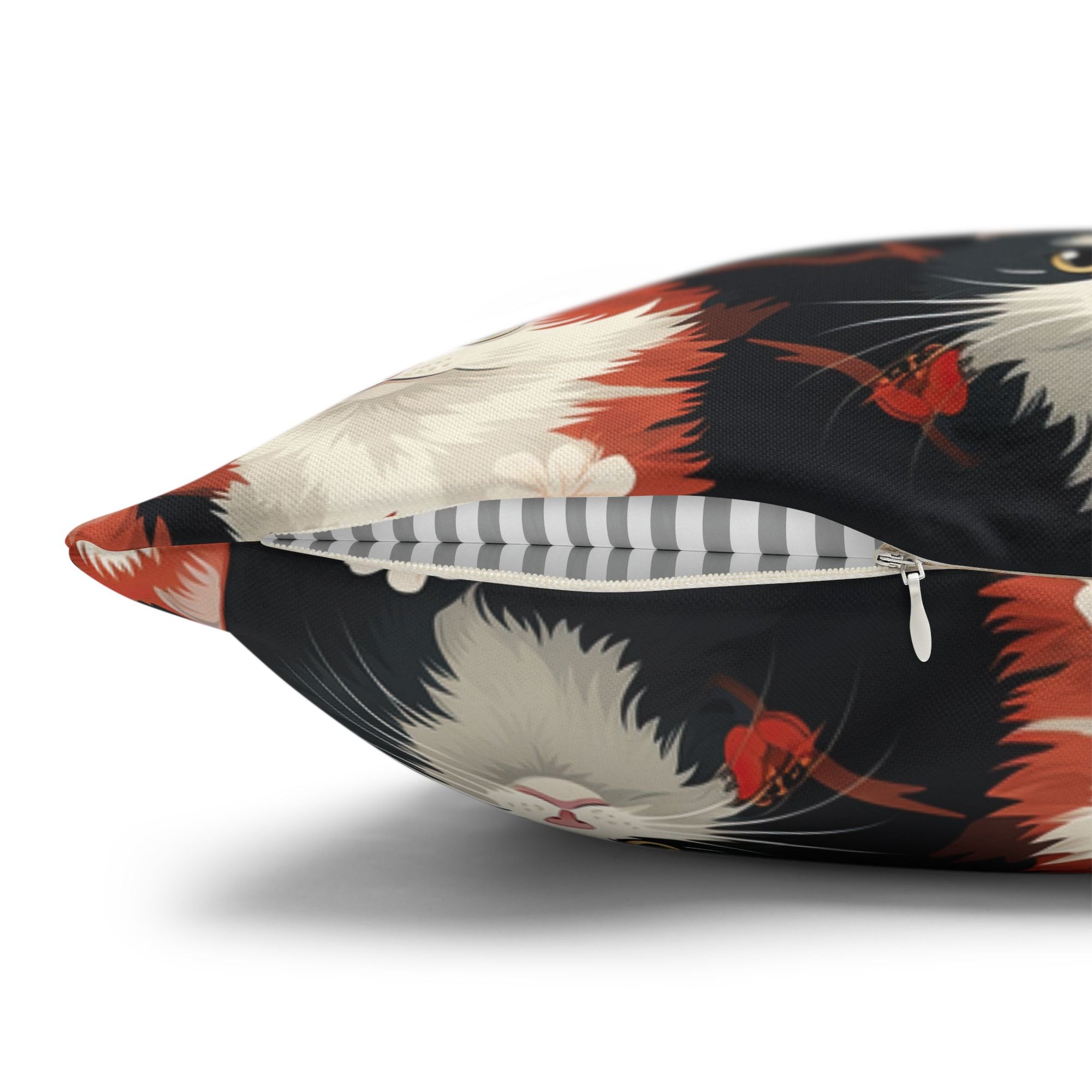 Square Pillowcase - A detailed and ornate Victorian-style pattern featuring a tight grouping of fluffy cats of various colors surrounded by black and red flowers and leaves.