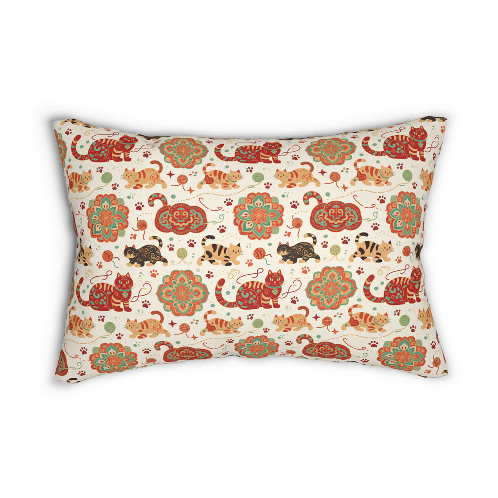 Indoor Lumbar Pillow - Vibrant boho chic cats and mandalas, colorful folk art style, playful felines with yarn and paw prints, artistic and bohemian cat design, cream background, unique animal print