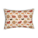 Indoor Lumbar Pillow - Vibrant boho chic cats and mandalas, colorful folk art style, playful felines with yarn and paw prints, artistic and bohemian cat design, cream background, unique animal print