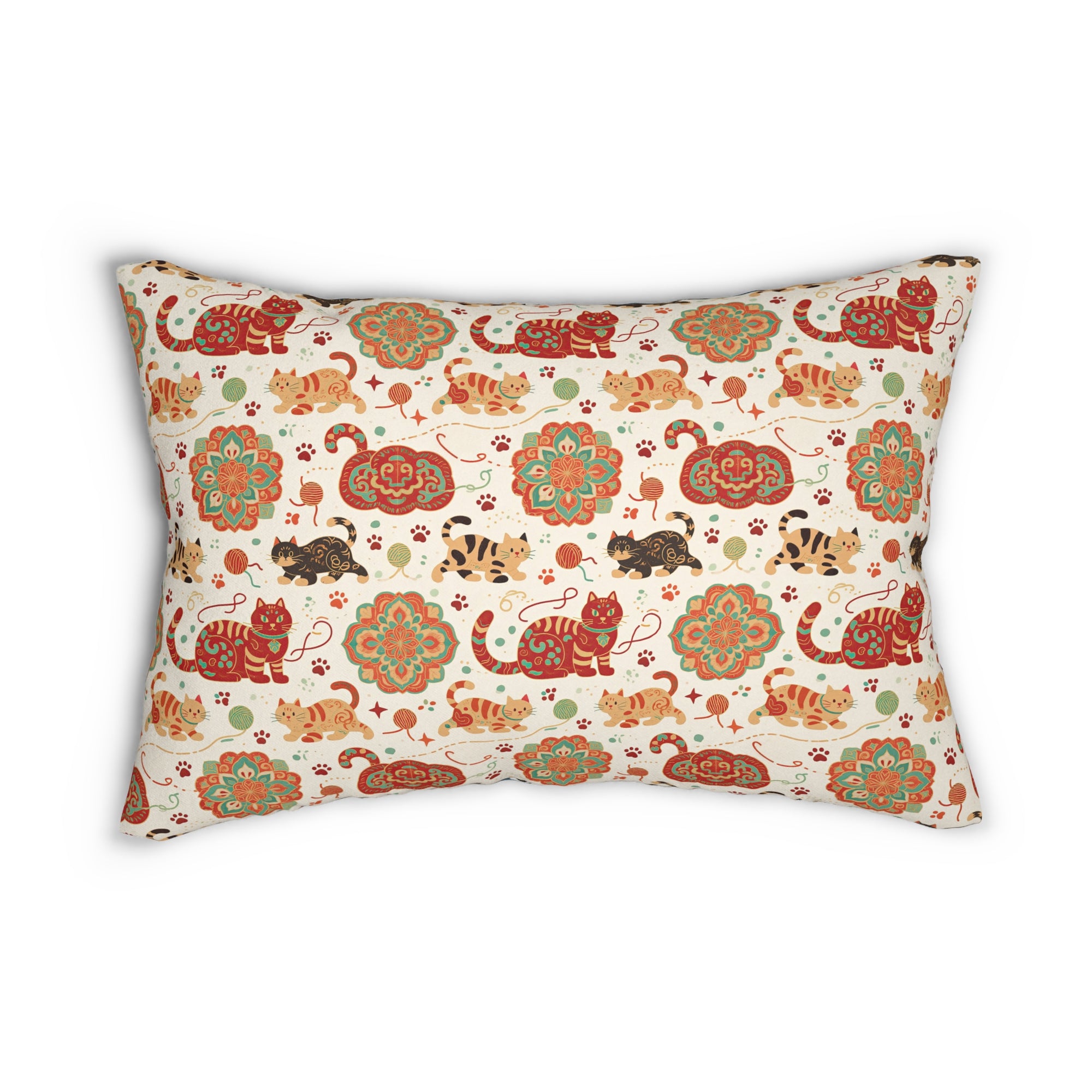 Indoor Lumbar Pillow - Vibrant boho chic cats and mandalas, colorful folk art style, playful felines with yarn and paw prints, artistic and bohemian cat design, cream background, unique animal print