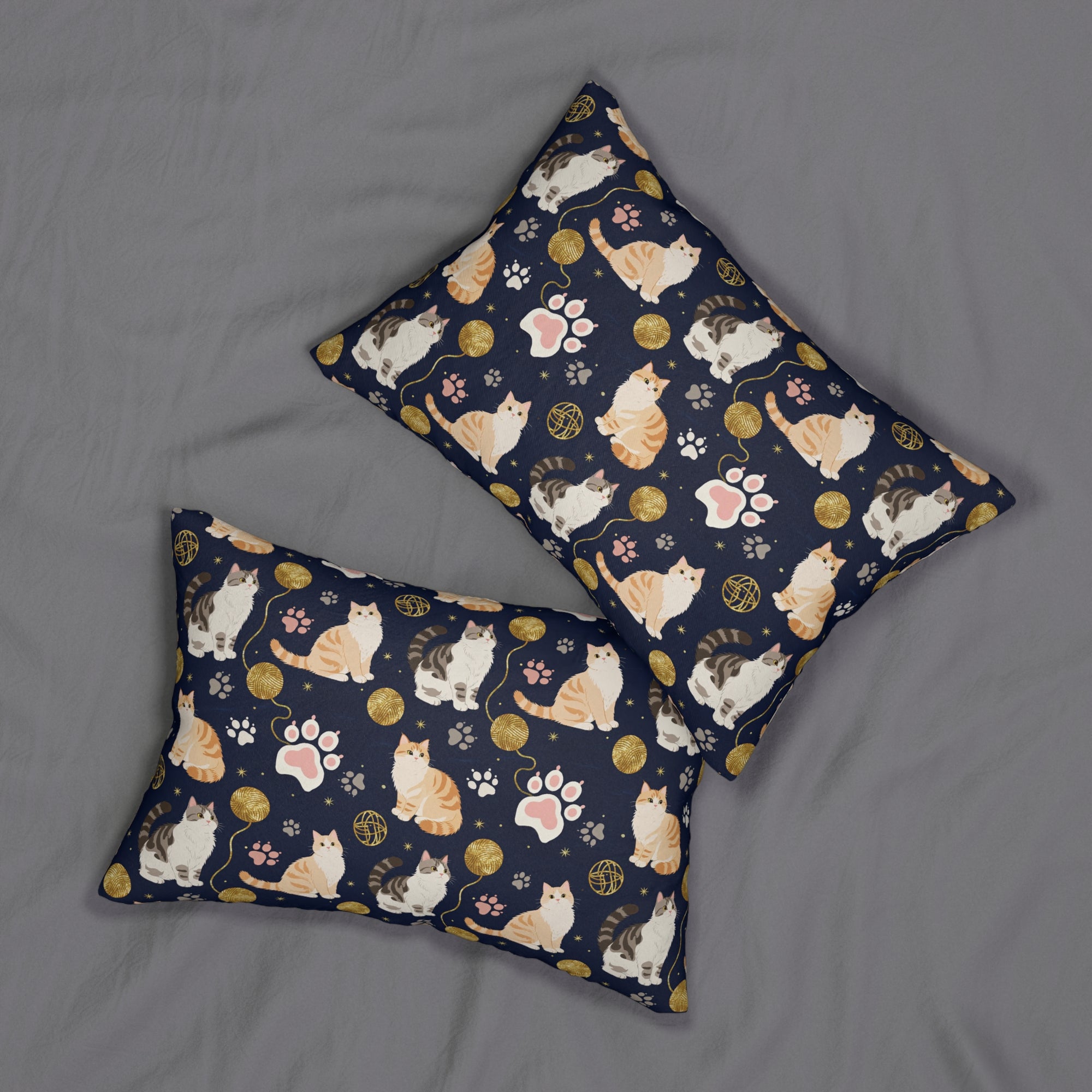 Indoor Lumbar Pillow - Charming cats and golden yarn playful design, cute kittens with paw prints, whimsical animal art for cat lovers, dark blue background, delightful pet themed illustration